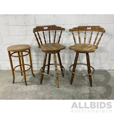 Wooden Swivel Bar Stools Windsor Maple Brass Footrest - Set of 2 and Barstool - Lot of 3