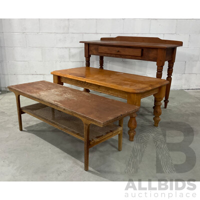 Single Drawer Hall Table Desk, Hardwood Coffee Table, Coffee Table with Rattan Shelf - Lot of 3