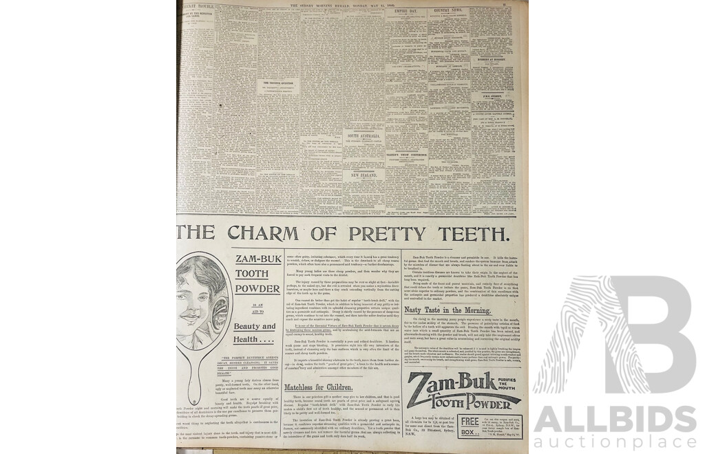Collection Three Antique Bound Sydney Morning Herald Newspapers Comprising May, July Nov 1906