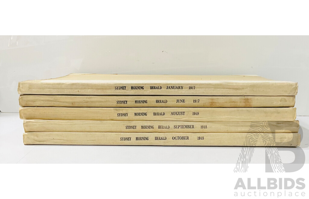 Collection Five Antique Bound Sydney Morning Herald Newspapers of WWI Interest Comprising Jan, June 1917, Aug, Sept, Oct 1918
