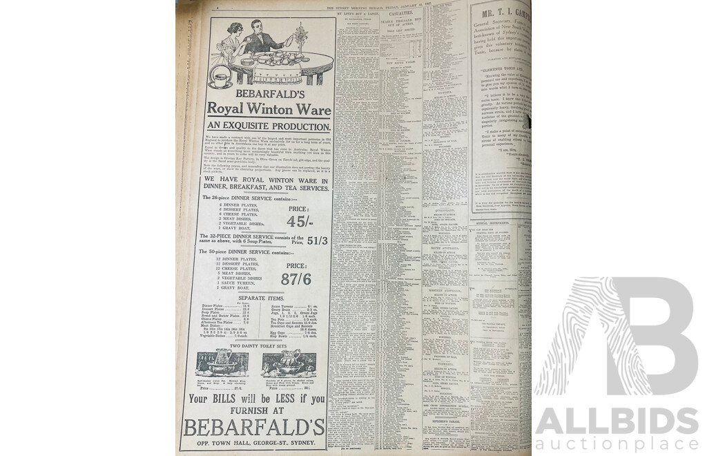 Collection Five Antique Bound Sydney Morning Herald Newspapers of WWI Interest Comprising Jan, June 1917, Aug, Sept, Oct 1918