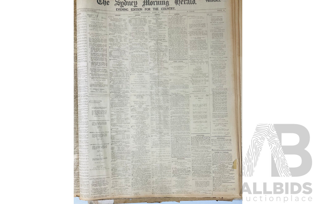 Collection Three Antique Bound Sydney Morning Herald Newspapers Comprising May, April & June 1922