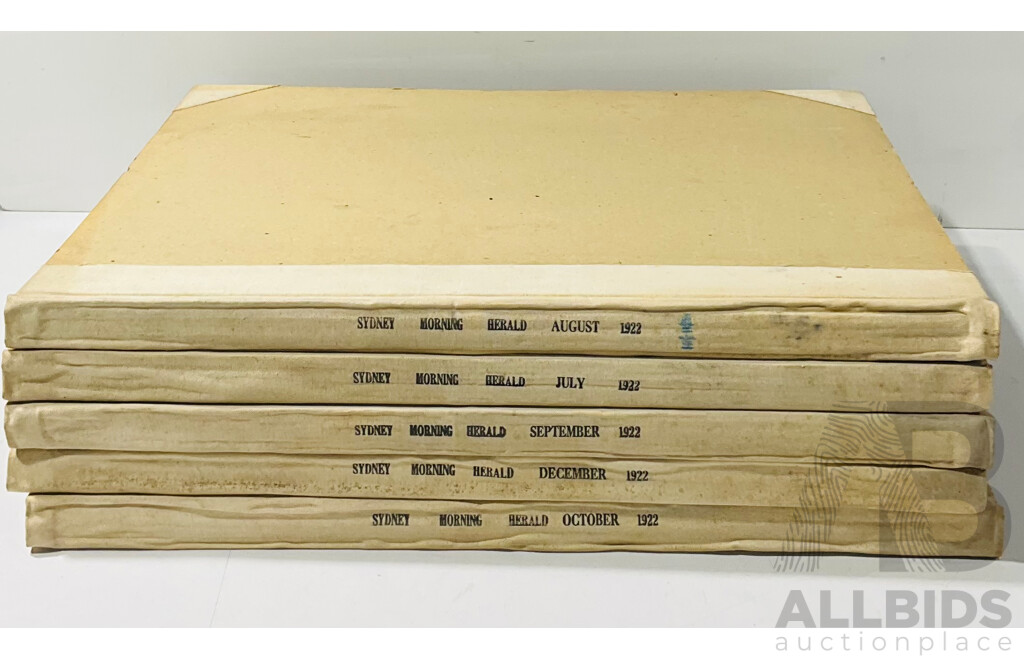 Collection Five Antique Bound Sydney Morning Herald 1922 Newspapers Comprising July, August, October, September, December