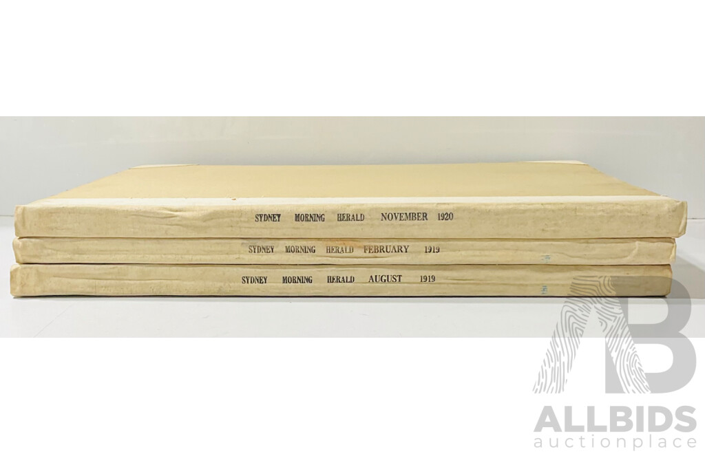 Collection Three Antique Bound Sydney Morning Herald Newspapers Comprising Feb 1919, Aug 1919 & Nov 1920
