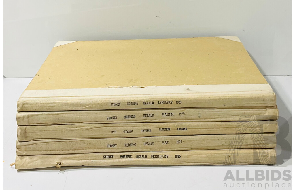 Collection Five Antique Bound Sydney Morning Herald Newspapers Comprising Jan, Feb, March, April, May 1925