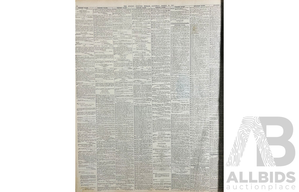 Collection Four Antique Bound Sydney Morning Herald Newspapers with WWI Interest Comprising May 1913, Oct 1914, March 1916 & MArch 1927