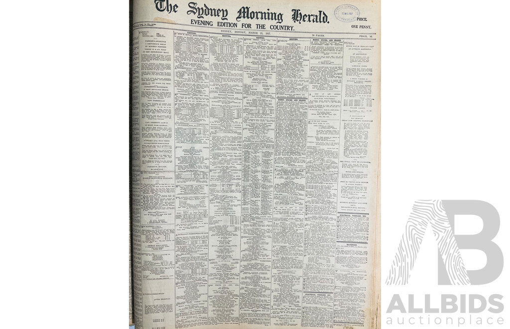 Collection Four Antique Bound Sydney Morning Herald Newspapers with WWI Interest Comprising May 1913, Oct 1914, March 1916 & MArch 1927