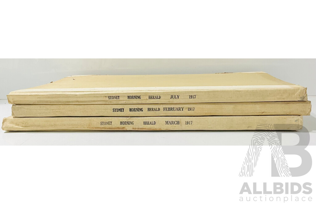 Collection Three Antique Bound Sydney Morning Herald Newspapers with WWI Interest Comprising Feb, March & July 1917