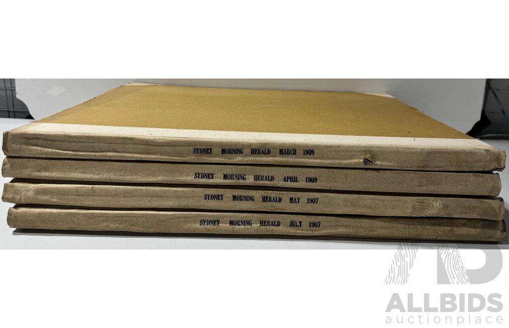 Collection Four Antique Bound Sydney Morning Herald Newspapers Comprising May, July 1907 & March, April 1909