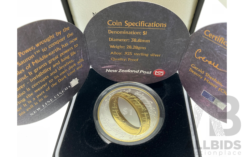 New Zealand Royal Mint 2003 Silver Proof One Dollar Coin, Commemorative Lord of the Rings .925