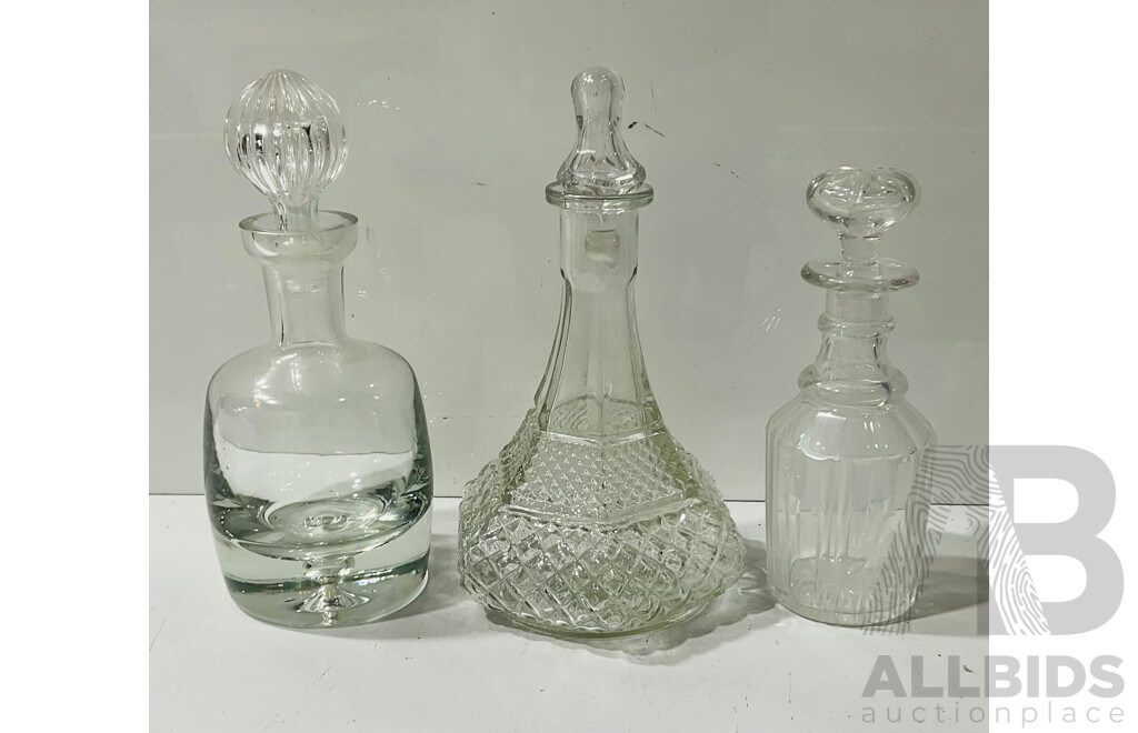 Collection Three Decanters Including Krosno Heavy Based Example, Antique Cut Glass Example with Mismatched Stoppers