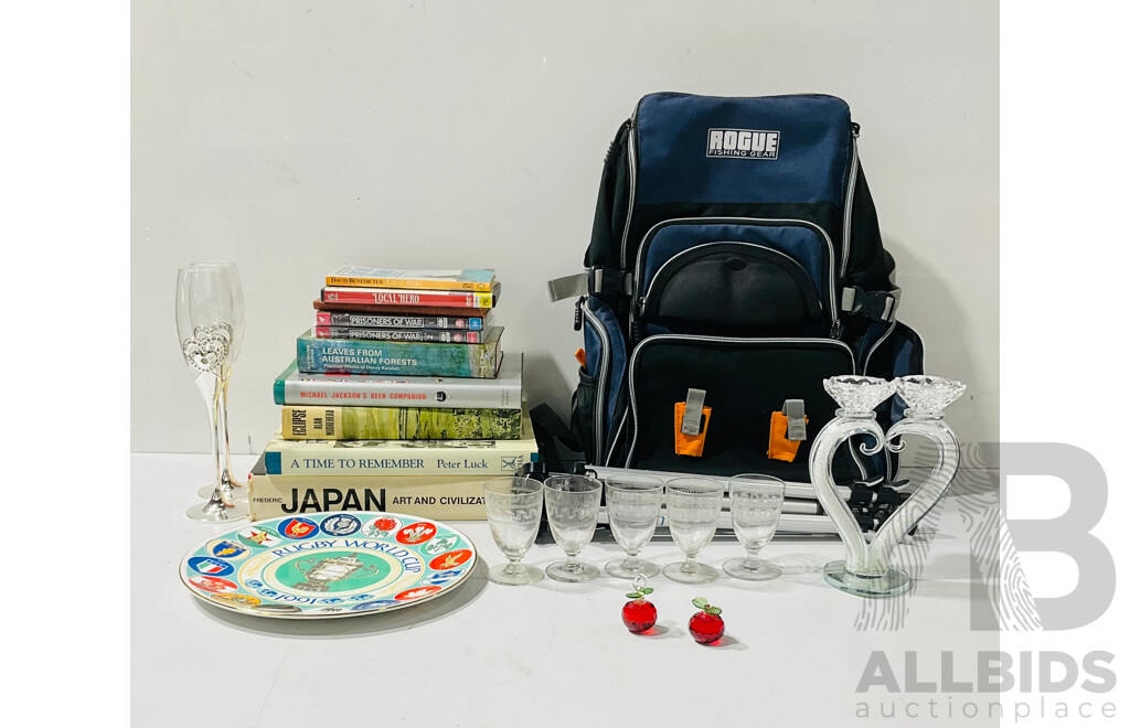 Collection Books, DVDs, Camera Tripod, Fishing Bag and More