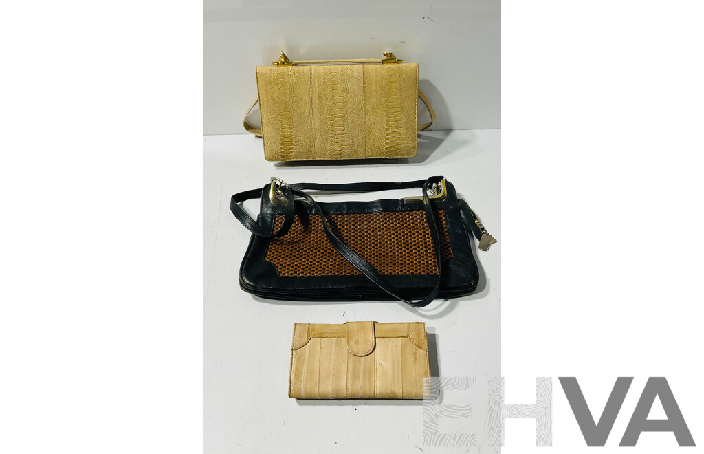Pair of Handbags Including Snake Leather Example by Cape Cobra and Leather Handbag by Jade in London as Well as Beige Eel Skin Wallet