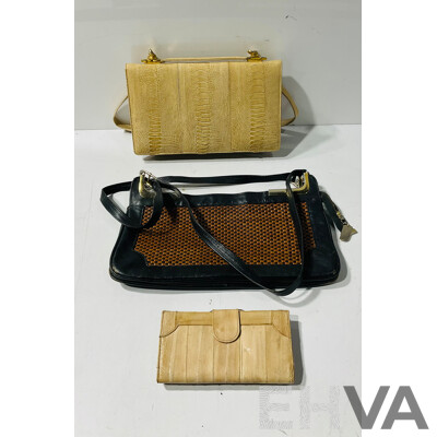 Pair of Handbags Including Snake Leather Example by Cape Cobra and Leather Handbag by Jade in London as Well as Beige Eel Skin Wallet