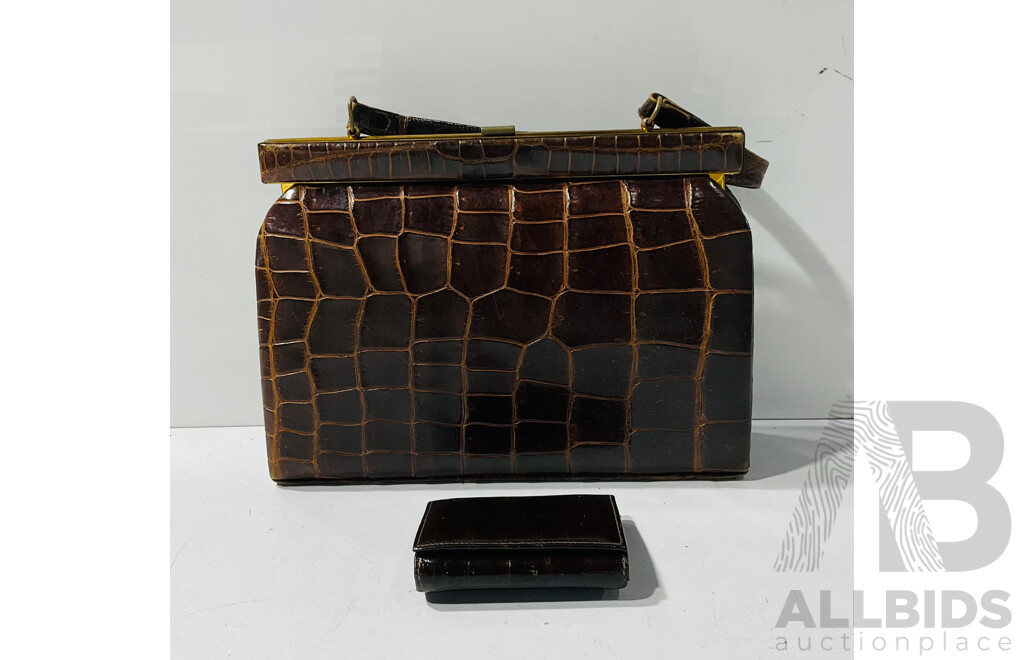 Vintage Crocodile Leather Handbag and Wallet with Kangaroo Skin Lining by H. Stevens