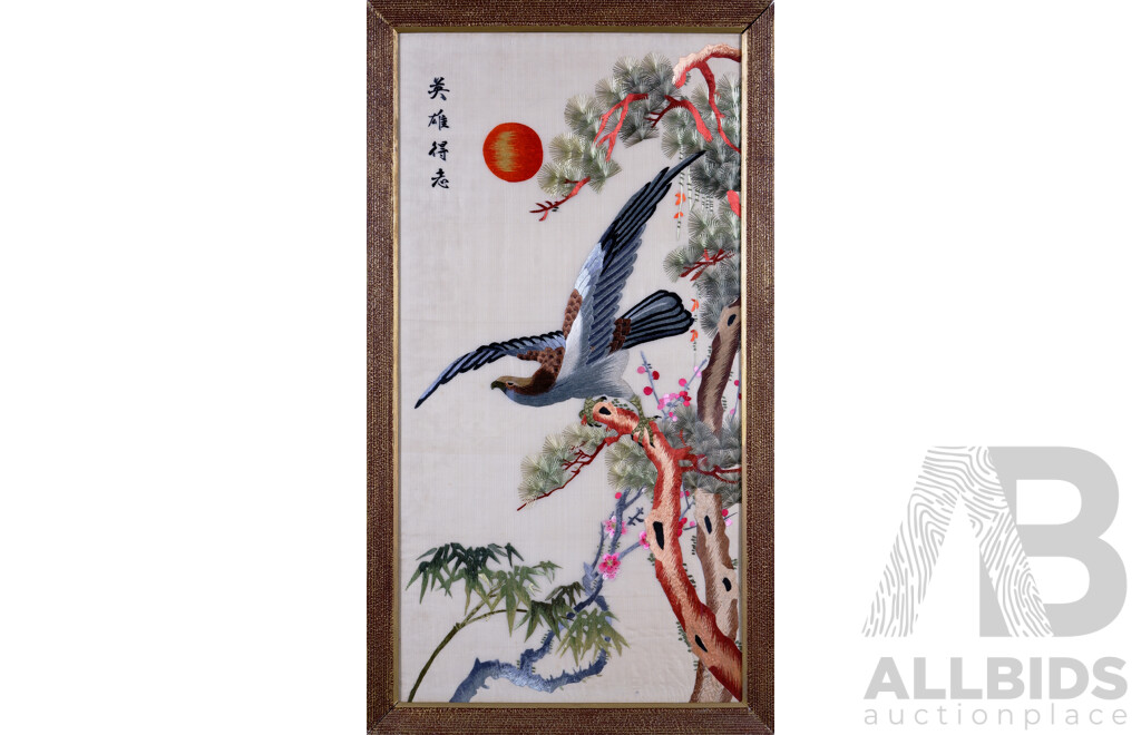 Chinese School, (Date Unknown), Hawk on Pine Branch with Blossoms at Dawn, Vintage Coloured Silk Embroidery on Silk Cloth, 107 x 59 cm (frame)