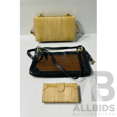 Pair of Handbags Including Snake Leather Example by Cape Cobra and Leather Handbag by Jade in London as Well as Beige Eel Skin Wallet