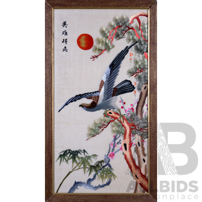 Chinese School, (Date Unknown), Hawk on Pine Branch with Blossoms at Dawn, Vintage Coloured Silk Embroidery on Silk Cloth, 107 x 59 cm (frame)