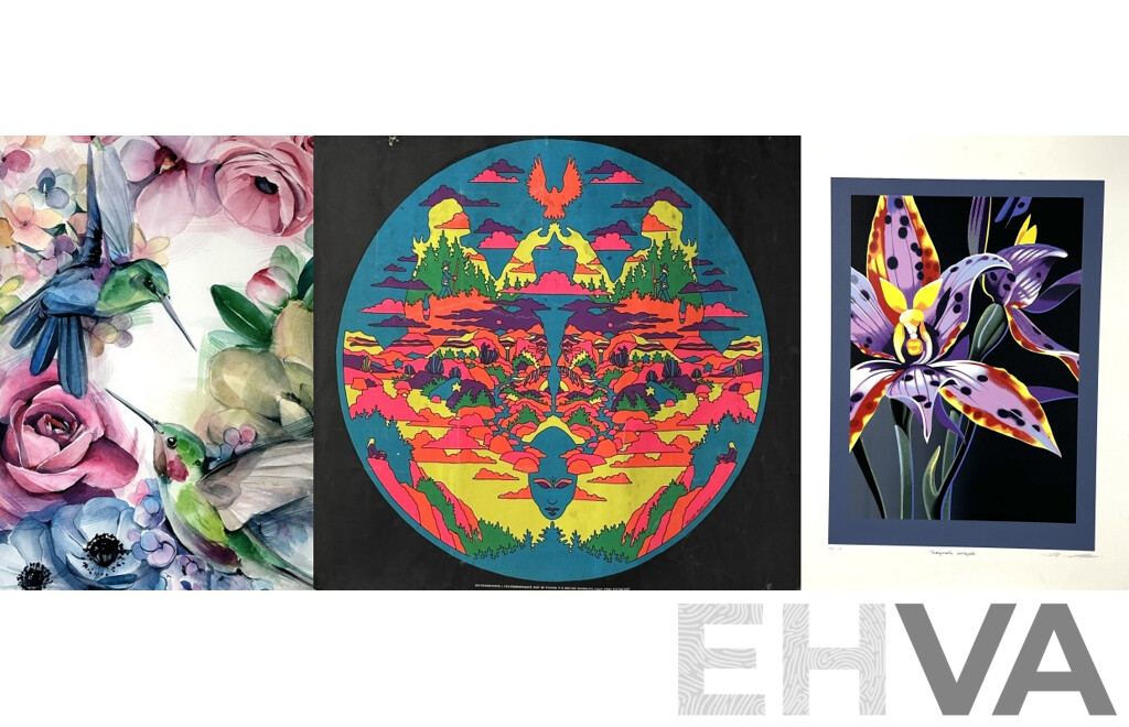 Set of Three Artworks - Watercolour by P. Bright; Ltd Ed Australian Orchid Screenprint & 1972 Howard Bernstein 856 Headwaters Vintage Blacklight Headshop Poster, (3)