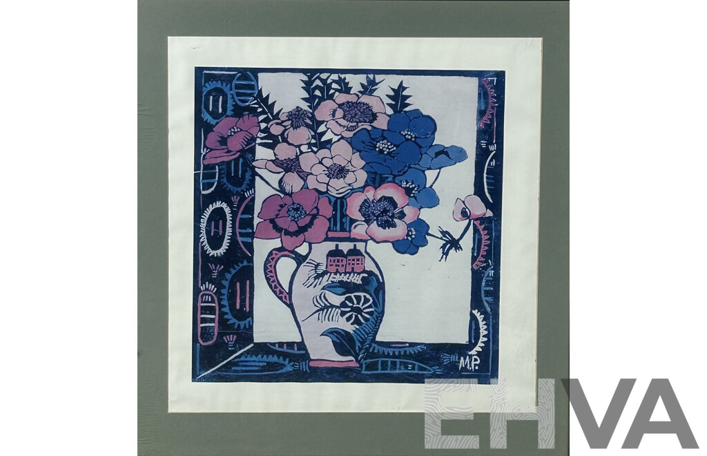 Margaret Preston, (Late 19th/20th Century, Australian, 1875-1963), Pink Jug [also Known as Anemones], Print of Original Hand Cut Wood Cut, 62 x 58 cm (frame)