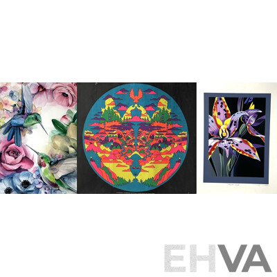 Set of Three Artworks - Watercolour by P. Bright; Ltd Ed Australian Orchid Screenprint & 1972 Howard Bernstein 856 Headwaters Vintage Blacklight Headshop Poster, (3)