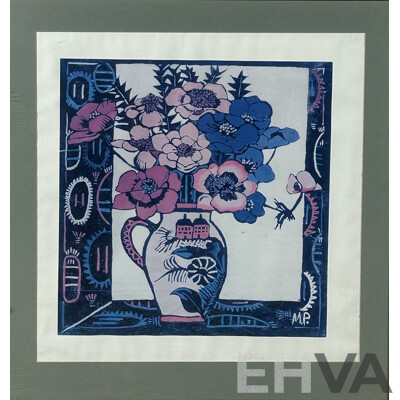 Margaret Preston, (Late 19th/20th Century, Australian, 1875-1963), Pink Jug [also Known as Anemones], Print of Original Hand Cut Wood Cut, 62 x 58 cm (frame)