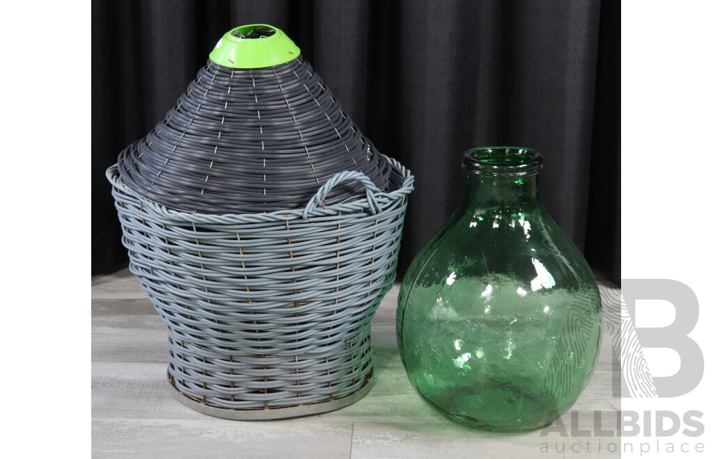 Single Vintage Green Glass Demijohn with Basket