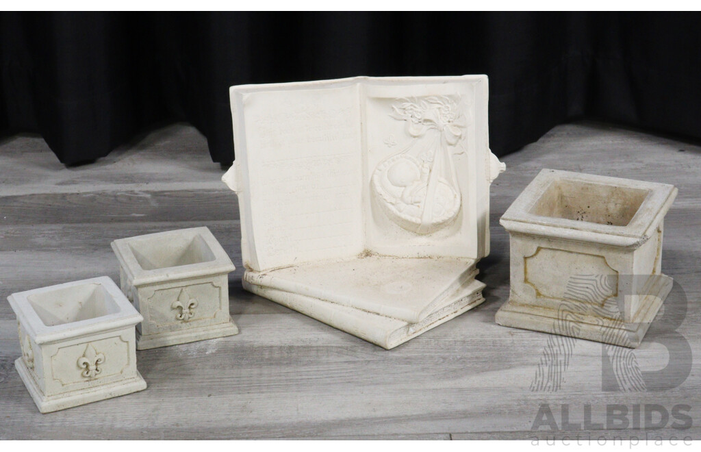 Set of Four Outdoor Small Ceramic Bisque Pots with Ceramic Baby Births Book Statue