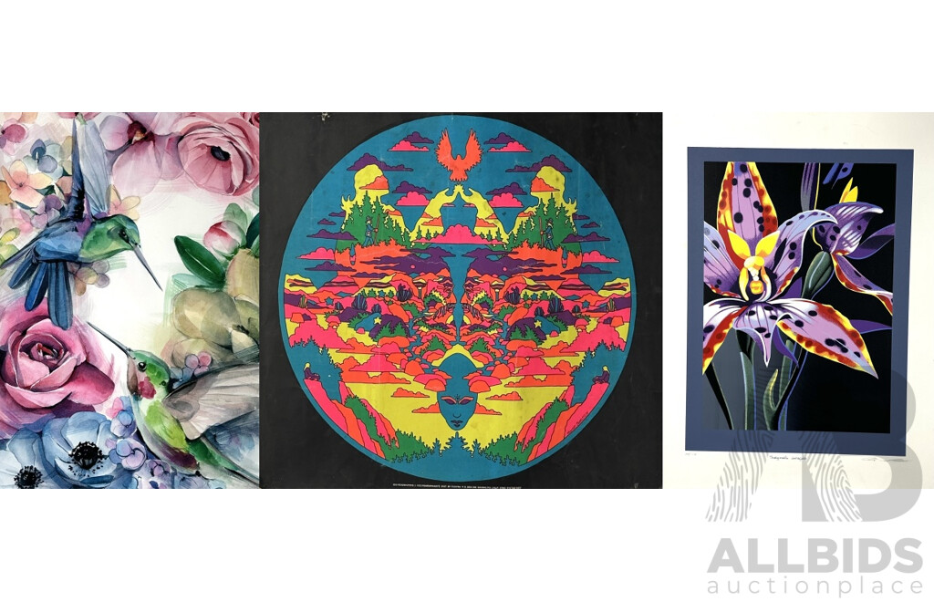 Set of Three Artworks - Watercolour by P. Bright; Ltd Ed Australian Orchid Screenprint & 1972 Howard Bernstein 856 Headwaters Vintage Blacklight Headshop Poster, (3)