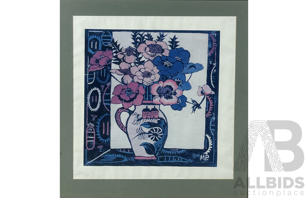 Margaret Preston, (Late 19th/20th Century, Australian, 1875-1963), Pink Jug [also Known as Anemones], Print of Original Hand Cut Wood Cut, 62 x 58 cm (frame)