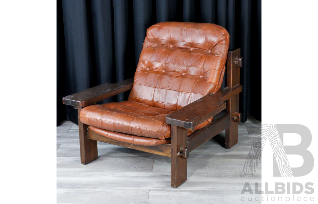 Vintage Timber Framed Armchair with Leather Upholstery