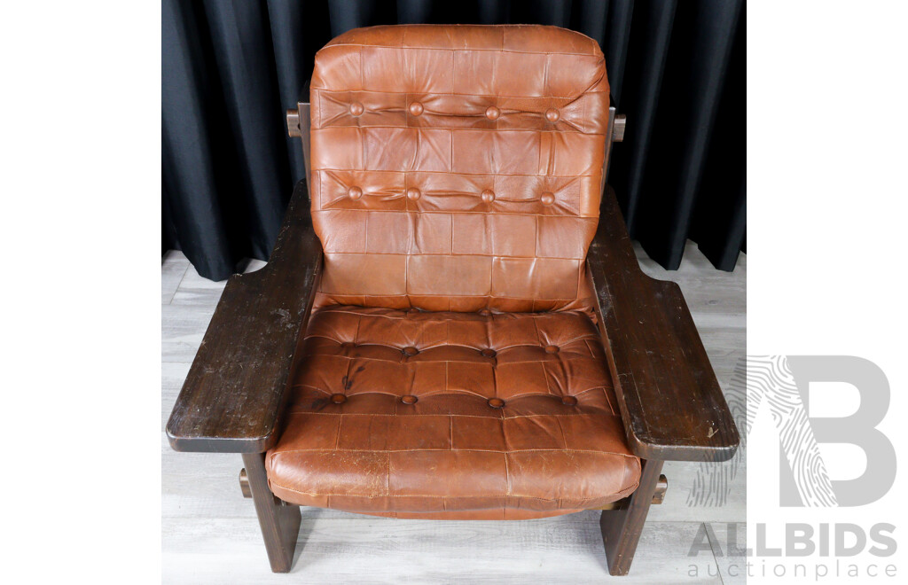 Vintage Timber Framed Armchair with Leather Upholstery