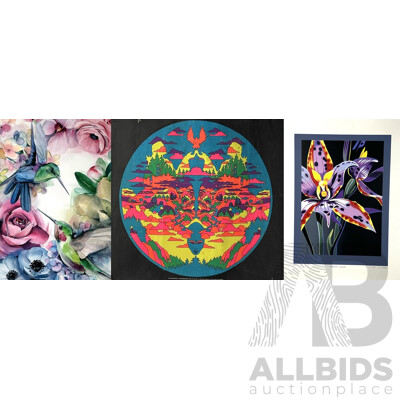 Set of Three Artworks - Watercolour by P. Bright; Ltd Ed Australian Orchid Screenprint & 1972 Howard Bernstein 856 Headwaters Vintage Blacklight Headshop Poster, (3)