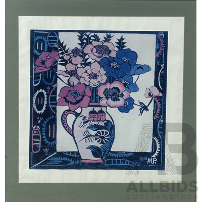 Margaret Preston, (Late 19th/20th Century, Australian, 1875-1963), Pink Jug [also Known as Anemones], Print of Original Hand Cut Wood Cut, 62 x 58 cm (frame)