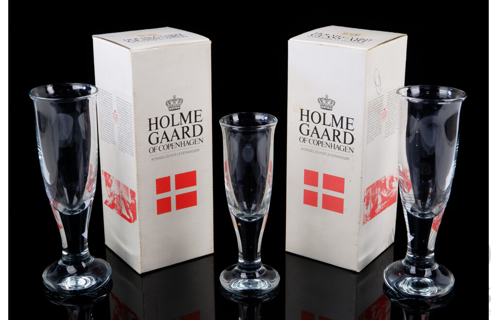 Pair Mid Century Danish Holmegaard Champagne Flutes in Original Boxes Along with One Other Holmegaard Glass