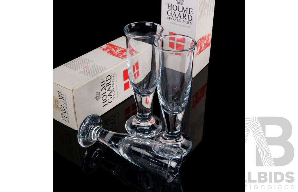 Pair Mid Century Danish Holmegaard Champagne Flutes in Original Boxes Along with One Other Holmegaard Glass