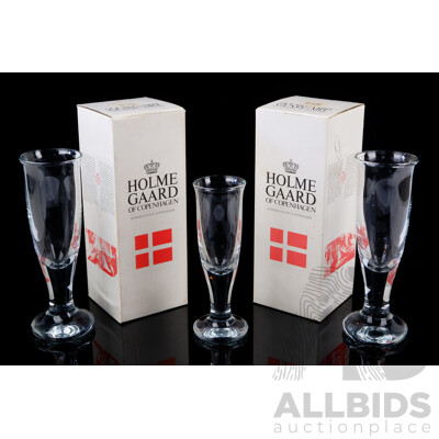 Pair Mid Century Danish Holmegaard Champagne Flutes in Original Boxes Along with One Other Holmegaard Glass