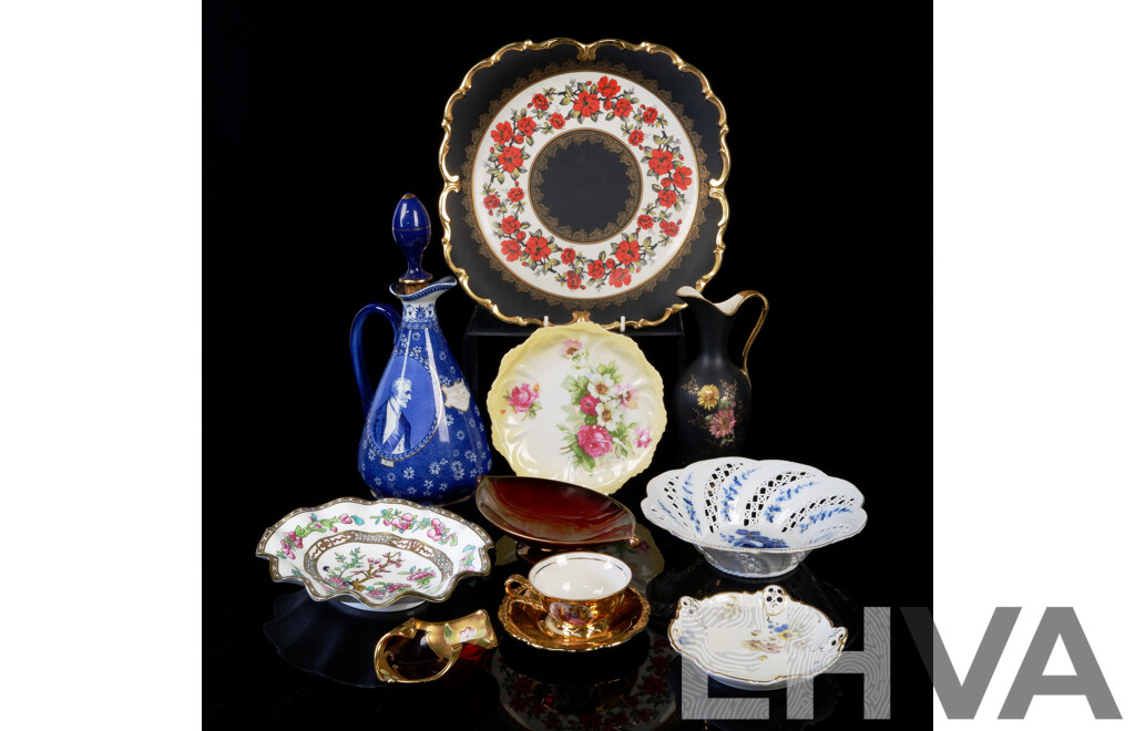 Collection Continental & English Porcelain Pieces Including Scarce Antique Watson & Co Blue Jug, Coalport Indian Tree Dish and More