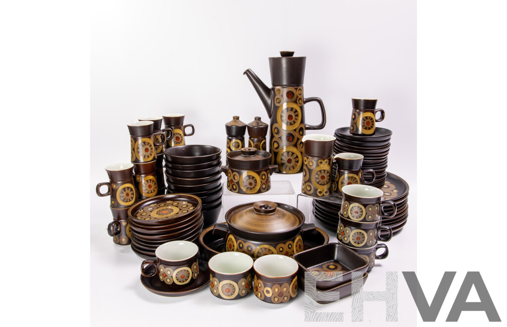 Fantastic Mid Century English Denby 71 Piece Dinner Service in Arabesque Pattern Including Pinched Waist Lidded Coffee Pot