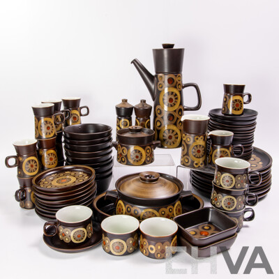 Fantastic Mid Century English Denby 71 Piece Dinner Service in Arabesque Pattern Including Pinched Waist Lidded Coffee Pot