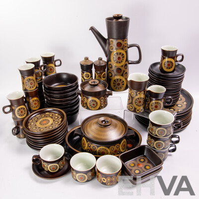 Fantastic Mid Century English Denby 71 Piece Dinner Service in Arabesque Pattern Including Pinched Waist Lidded Coffee Pot
