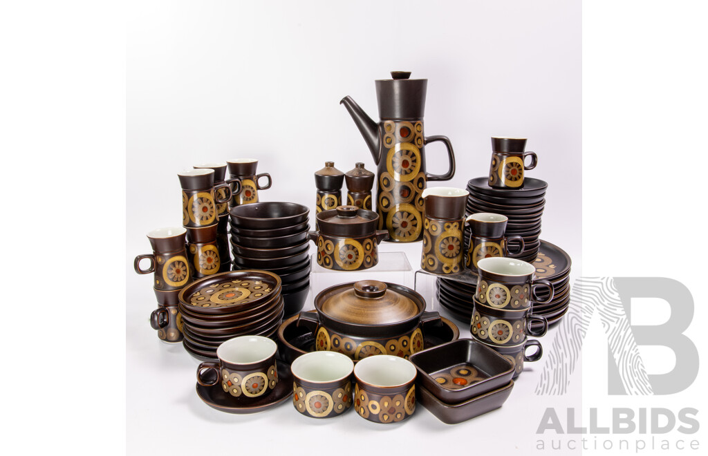 Fantastic Mid Century English Denby 71 Piece Dinner Service in Arabesque Pattern Including Pinched Waist Lidded Coffee Pot