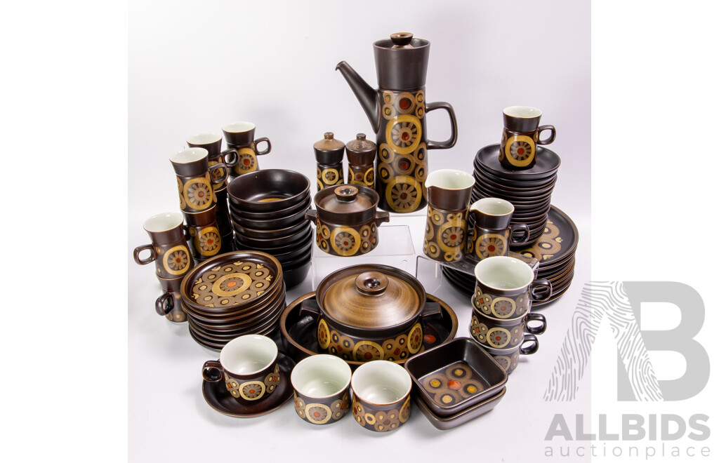 Fantastic Mid Century English Denby 71 Piece Dinner Service in Arabesque Pattern Including Pinched Waist Lidded Coffee Pot