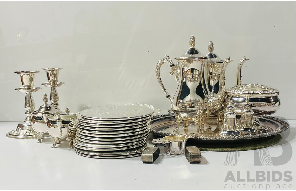 Collection Silver Plate Items Including Four Piece Eloquence Coffee Set, 12 Strachan Silver Plate Place Mats, Pair Candle Holders and More