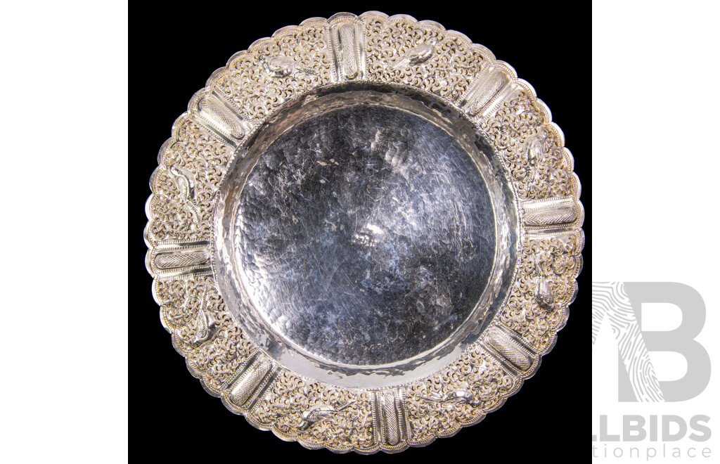 Hand Beaten Sterling Silver Thai Platter with Panels Depicting Avian Life to Rim