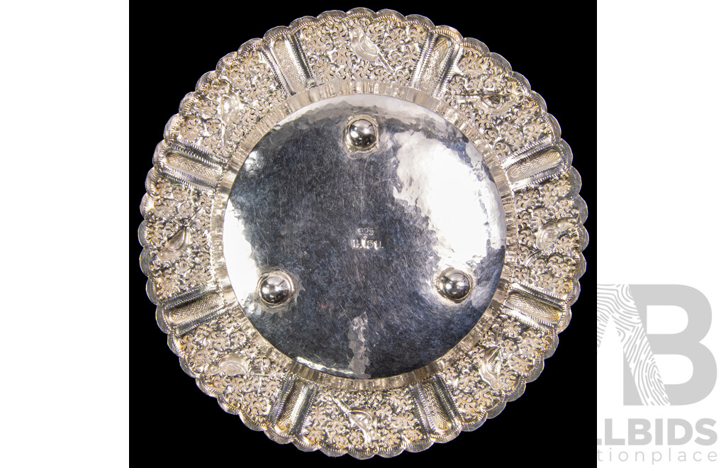 Hand Beaten Sterling Silver Thai Platter with Panels Depicting Avian Life to Rim