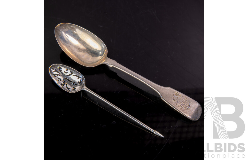 Antique Sterling Silver Dessert Spoon with Engraved Initials to Finial., London 1856 Along with Mote Spoon with Spear End Terminal, Circa 1750