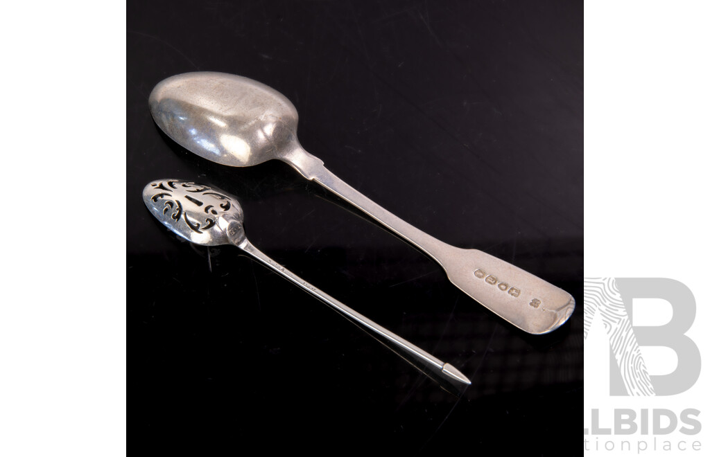 Antique Sterling Silver Dessert Spoon with Engraved Initials to Finial., London 1856 Along with Mote Spoon with Spear End Terminal, Circa 1750