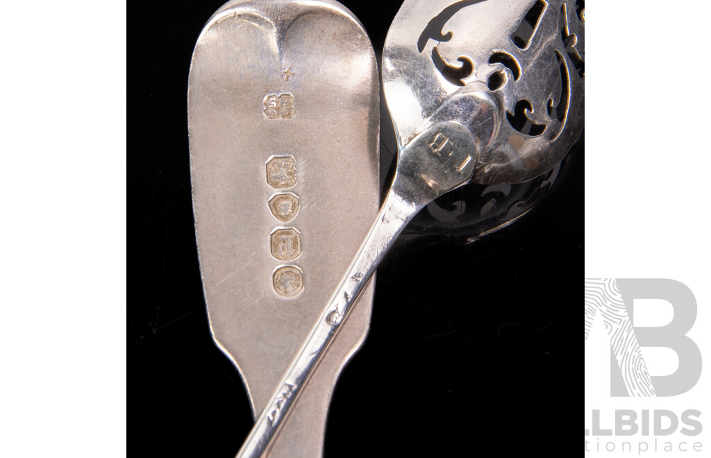 Antique Sterling Silver Dessert Spoon with Engraved Initials to Finial., London 1856 Along with Mote Spoon with Spear End Terminal, Circa 1750