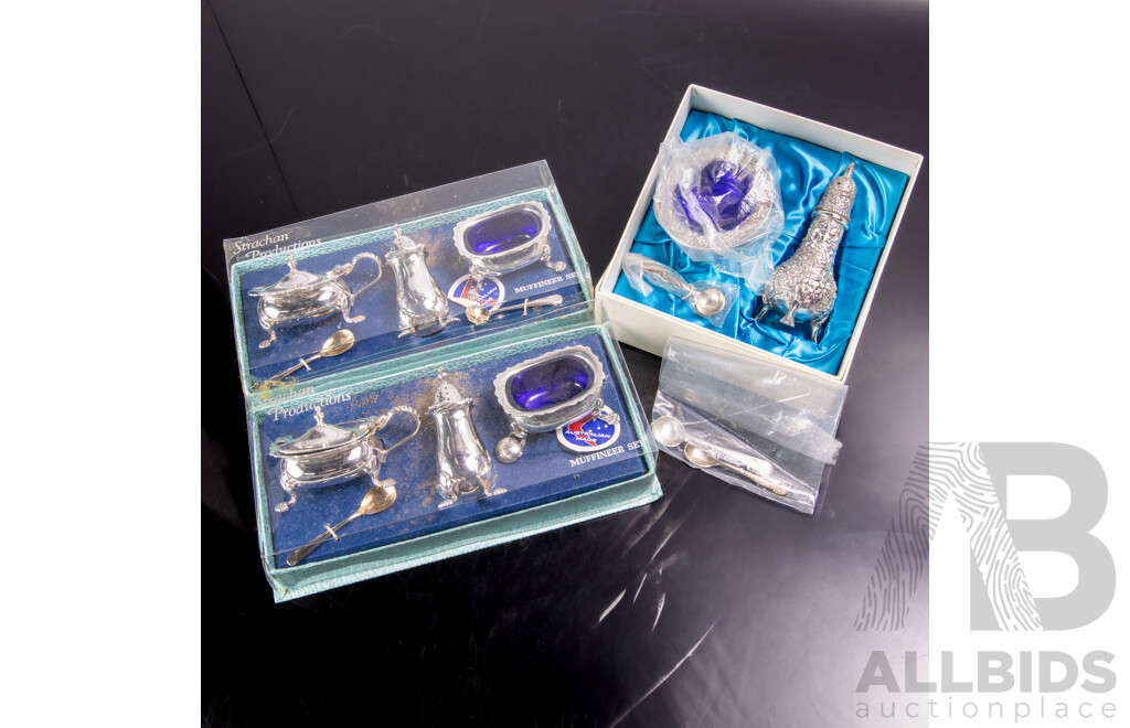 Two Retro Silver Plate Australian Strachan Muffineer Sets in Original Packaging Along with Another Silver Plate S & P Set